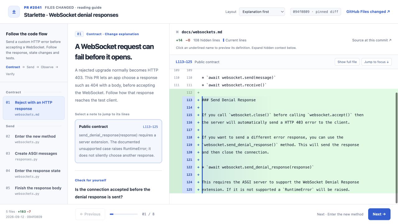 Reading order, highlighted diff and explanations in three panes